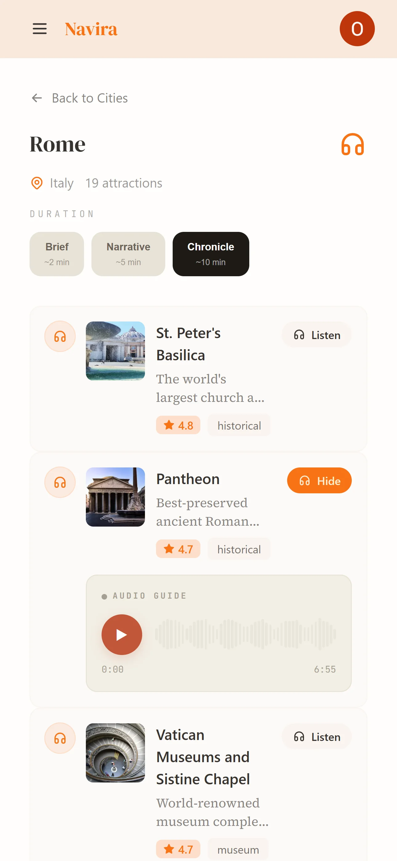 Navira audio guide — Rome attractions with waveform player and style selector