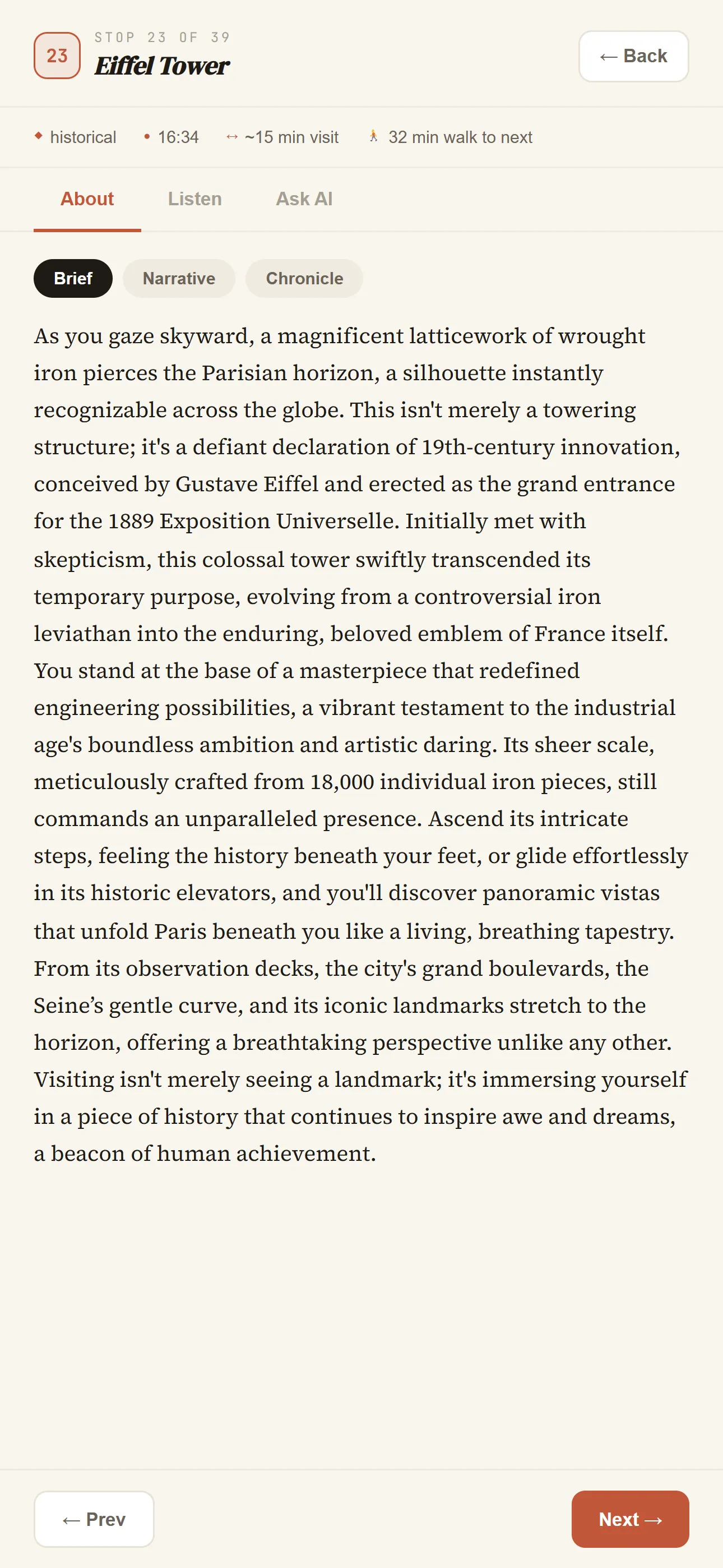 About tab — history and context for each stop