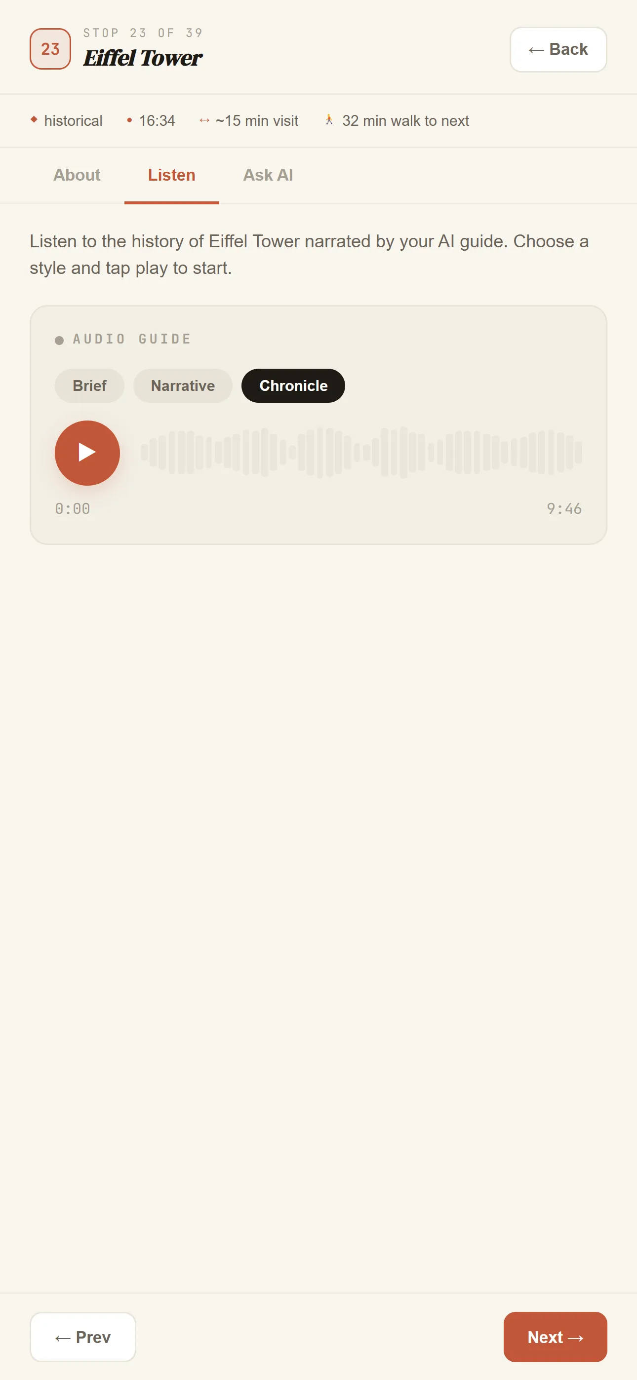 Listen tab — audio narration with waveform player