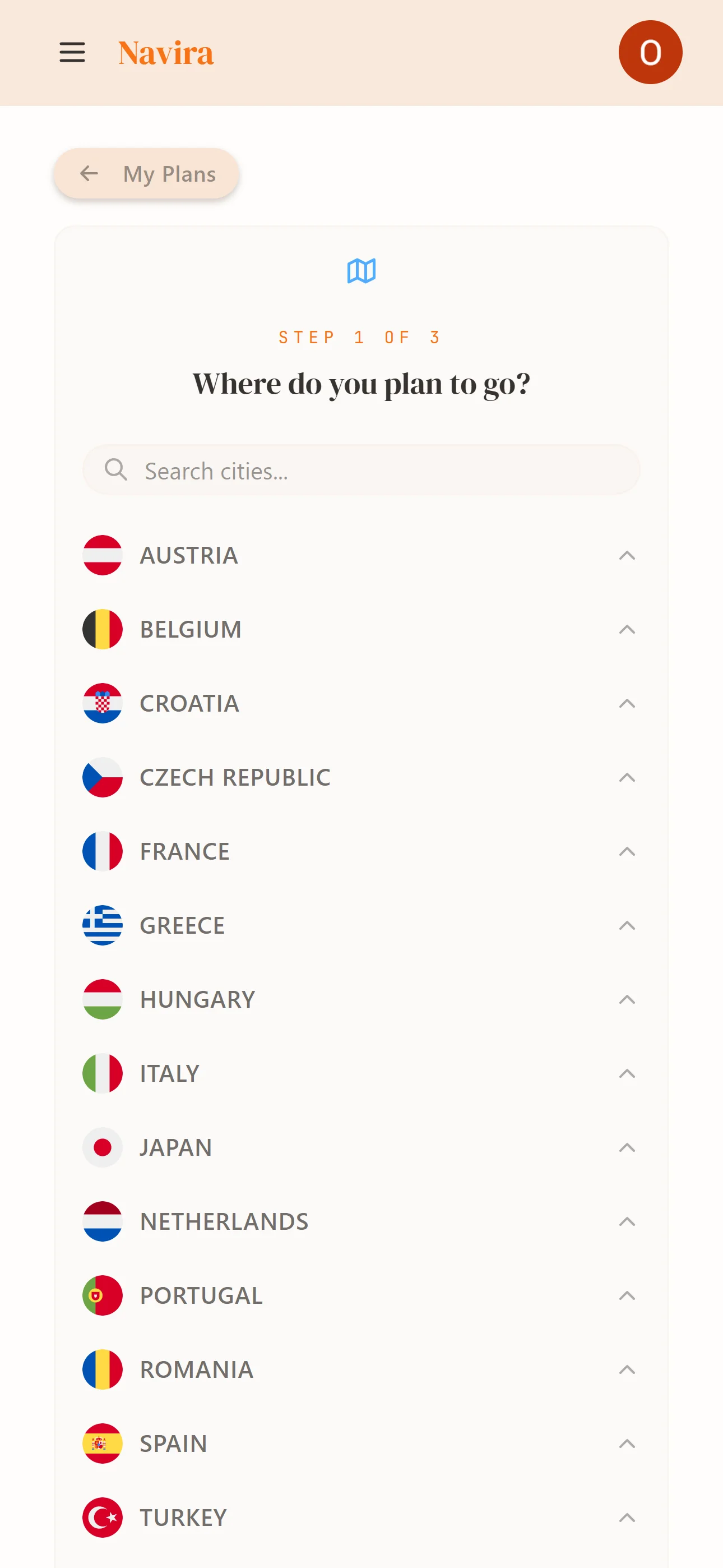Step 1 — Pick your city from 18 destinations