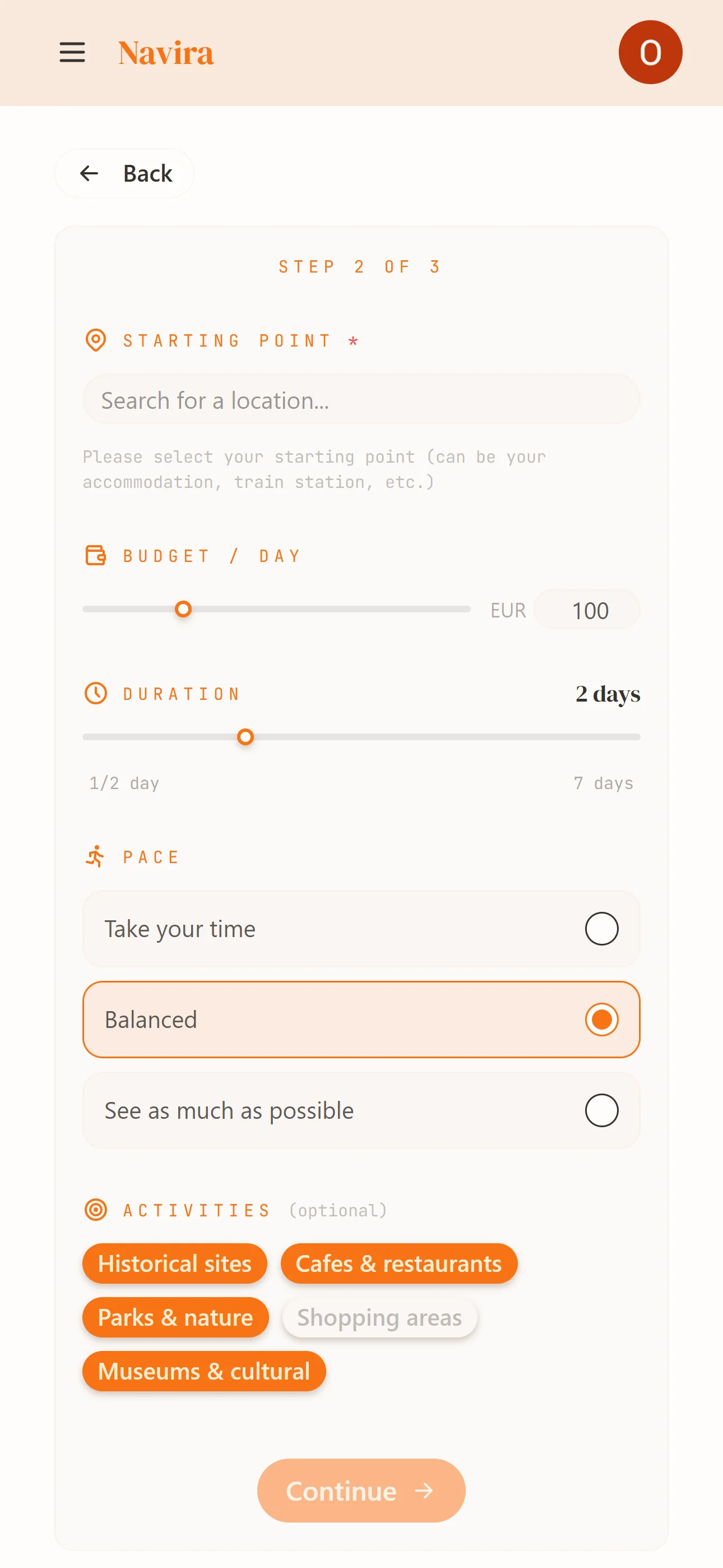 Step 2 — Set budget, duration, pace, and activity preferences
